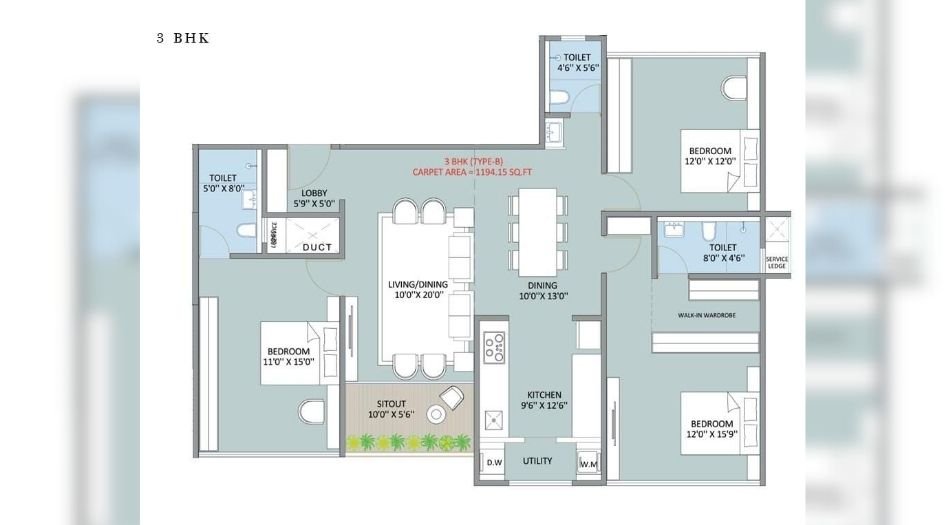 Greenest-Riviera-Vista-Floor-Plan-3 BHK-1194 SQFT